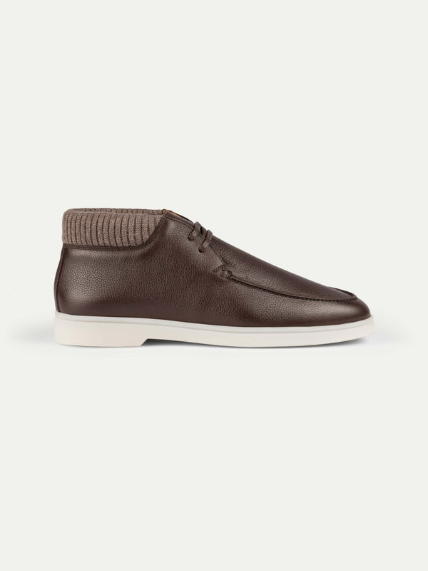 Balishoes Men's Chocolate Brown Grained Leather Knit Collar Desert Boot